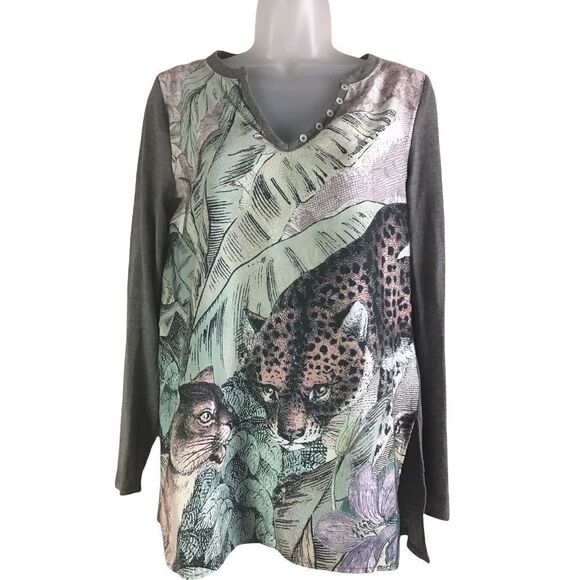 Anthropologie Akemi + Kin Fauna Henley Gray Jungle Cat Theme - Picture 4 of 9